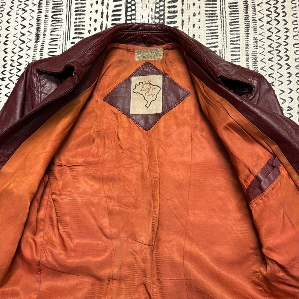 “J B Leather Corp” dark ruby red / brown style leather jacket - Picture 4 of 9